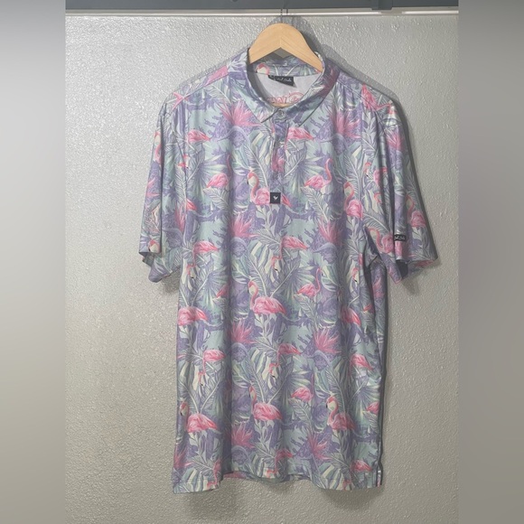 Bad Birdie Mingos Polo Shirt Golf Short Sleeve Flamingos Purple Pink - Size XL - Picture 1 of 7